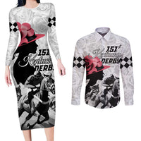 Kentucky Horse Racing Happy 151st Anniversary Couples Matching Long Sleeve Bodycon Dress and Long Sleeve Button Shirt Silhouette Girl Derby Hat With Rose LT01