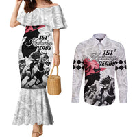 Kentucky Horse Racing Happy 151st Anniversary Couples Matching Mermaid Dress and Long Sleeve Button Shirt Silhouette Girl Derby Hat With Rose LT01