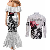 Kentucky Horse Racing Happy 151st Anniversary Couples Matching Mermaid Dress and Long Sleeve Button Shirt Silhouette Girl Derby Hat With Rose LT01