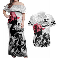 Kentucky Horse Racing Happy 151st Anniversary Couples Matching Off Shoulder Maxi Dress and Hawaiian Shirt Silhouette Girl Derby Hat With Rose LT01