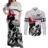 Kentucky Horse Racing Happy 151st Anniversary Couples Matching Off Shoulder Maxi Dress and Long Sleeve Button Shirt Silhouette Girl Derby Hat With Rose LT01