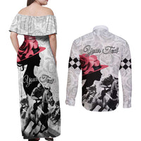 Kentucky Horse Racing Happy 151st Anniversary Couples Matching Off Shoulder Maxi Dress and Long Sleeve Button Shirt Silhouette Girl Derby Hat With Rose LT01