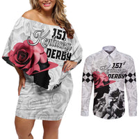 Kentucky Horse Racing Happy 151st Anniversary Couples Matching Off Shoulder Short Dress and Long Sleeve Button Shirt Silhouette Girl Derby Hat With Rose LT01