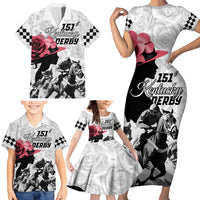 Kentucky Horse Racing Happy 151st Anniversary Family Matching Short Sleeve Bodycon Dress and Hawaiian Shirt Silhouette Girl Derby Hat With Rose LT01