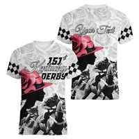 Kentucky Horse Racing Happy 151st Anniversary Women V Neck T Shirt Silhouette Girl Derby Hat With Rose LT01