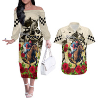 Kentucky Horse Racing Couples Matching Off The Shoulder Long Sleeve Dress and Hawaiian Shirt The Run for the Roses - Wonder Print Shop
