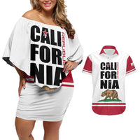 Personalized California Republic Couples Matching Off Shoulder Short Dress and Hawaiian Shirt Red Star The Bear Flag