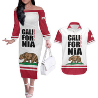 Personalized California Republic Couples Matching Off The Shoulder Long Sleeve Dress and Hawaiian Shirt Red Star The Bear Flag