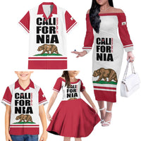 Personalized California Republic Family Matching Off The Shoulder Long Sleeve Dress and Hawaiian Shirt Red Star The Bear Flag