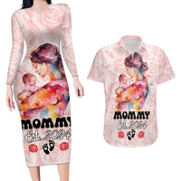 Happy Mother Day Couples Matching Long Sleeve Bodycon Dress and Hawaiian Shirt Mommy Est 2024 - Wonder Print Shop