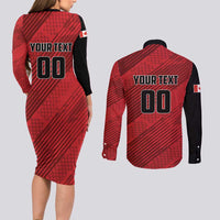 Custom Canada Soccer Couples Matching Long Sleeve Bodycon Dress and Long Sleeve Button Shirt Maple Leaf Together We Rise