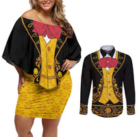 Mexican Mariachi Charro Suit Stylized Couples Matching Off Shoulder Short Dress and Long Sleeve Button Shirt Cinco de Mayo Fiesta