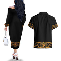 Mexican Mariachi Charro Suit Stylized Couples Matching Off The Shoulder Long Sleeve Dress and Hawaiian Shirt Cinco de Mayo Fiesta