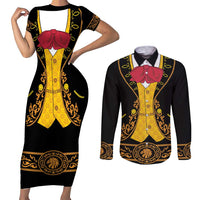 Mexican Mariachi Charro Suit Stylized Couples Matching Short Sleeve Bodycon Dress and Long Sleeve Button Shirt Cinco de Mayo Fiesta