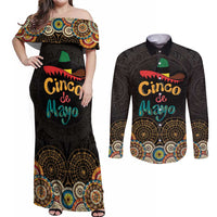 Personalized Mexico Cinco de Mayo Fiesta Couples Matching Off Shoulder Maxi Dress and Long Sleeve Button Shirt Traditional Sombrero Hat