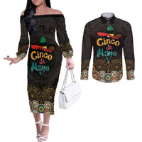 Personalized Mexico Cinco de Mayo Fiesta Couples Matching Off The Shoulder Long Sleeve Dress and Long Sleeve Button Shirt Traditional Sombrero Hat