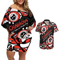 Couples matching off-shoulder short dress and Hawaiian shirt, black/red/white Haida-style print