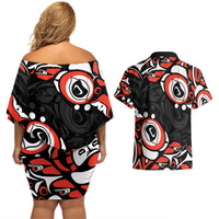 Back view couples off-shoulder short dress and Hawaiian shirt, black/red/white Haida-style print