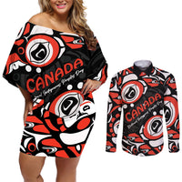 Off-shoulder short dress and long-sleeve button shirt set, black with red/white Haida pattern