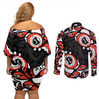 Off-shoulder short dress and long-sleeve button shirt backs, black with red/white Haida pattern