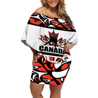 Women’s off-shoulder short dress, white with red/black Canada hockey graphic