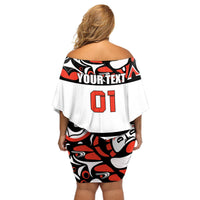 Women’s off-shoulder short dress, back view in white with red/black 01 print
