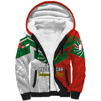 Red and green sherpa hoodie with front graphic, patterned sleeves, hood lining and text