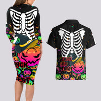 Halloween Skeleton Couples Matching Long Sleeve Bodycon Dress and Hawaiian Shirt Trick or Treat Witch Pumpkin Colorful - Wonder Print Shop