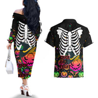 Halloween Skeleton Couples Matching Off The Shoulder Long Sleeve Dress and Hawaiian Shirt Trick or Treat Witch Pumpkin Colorful - Wonder Print Shop