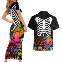 Halloween Skeleton Couples Matching Short Sleeve Bodycon Dress and Hawaiian Shirt Trick or Treat Witch Pumpkin Colorful - Wonder Print Shop