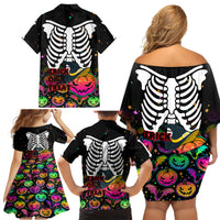 Halloween Skeleton Family Matching Off Shoulder Short Dress and Hawaiian Shirt Trick or Treat Witch Pumpkin Colorful - Wonder Print Shop