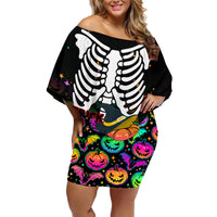 Halloween Skeleton Family Matching Off Shoulder Short Dress and Hawaiian Shirt Trick or Treat Witch Pumpkin Colorful - Wonder Print Shop
