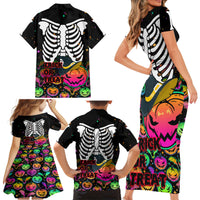 Halloween Skeleton Family Matching Short Sleeve Bodycon Dress and Hawaiian Shirt Trick or Treat Witch Pumpkin Colorful - Wonder Print Shop