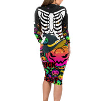 Halloween Skeleton Long Sleeve Bodycon Dress Trick or Treat Witch Pumpkin Colorful - Wonder Print Shop