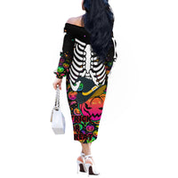 Halloween Skeleton Off The Shoulder Long Sleeve Dress Trick or Treat Witch Pumpkin Colorful - Wonder Print Shop