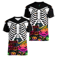 Halloween Skeleton Women V Neck T Shirt Trick or Treat Witch Pumpkin Colorful - Wonder Print Shop