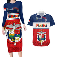 Panama Independence Day Couples Matching Long Sleeve Bodycon Dress and Hawaiian Shirt Coat Of Arms Pollera Pattern - Wonder Print Shop