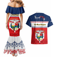 Panama Independence Day Couples Matching Mermaid Dress and Hawaiian Shirt Coat Of Arms Pollera Pattern - Wonder Print Shop
