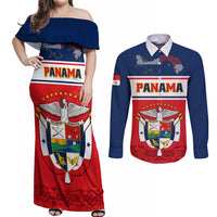 Panama Independence Day Couples Matching Off Shoulder Maxi Dress and Long Sleeve Button Shirts Coat Of Arms Pollera Pattern - Wonder Print Shop