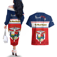 Panama Independence Day Couples Matching Off The Shoulder Long Sleeve Dress and Hawaiian Shirt Coat Of Arms Pollera Pattern - Wonder Print Shop