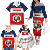 Panama Independence Day Family Matching Off Shoulder Long Sleeve Dress and Hawaiian Shirt Coat Of Arms Pollera Pattern - Wonder Print Shop