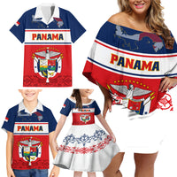 Panama Independence Day Family Matching Off Shoulder Short Dress and Hawaiian Shirt Coat Of Arms Pollera Pattern - Wonder Print Shop