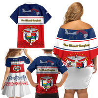 Panama Independence Day Family Matching Off Shoulder Short Dress and Hawaiian Shirt Coat Of Arms Pollera Pattern - Wonder Print Shop