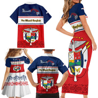 Panama Independence Day Family Matching Short Sleeve Bodycon Dress and Hawaiian Shirt Coat Of Arms Pollera Pattern - Wonder Print Shop