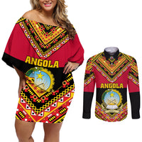 Angola Independence Day Couples Matching Off Shoulder Short Dress and Long Sleeve Button Shirts Coat Of Arms Samakaka Pattern - Wonder Print Shop