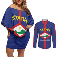 Personalised Statia Couples Matching Off Shoulder Short Dress and Long Sleeve Button Shirt Sint Eustatius Coat Of Arms