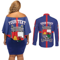 Personalised Statia Couples Matching Off Shoulder Short Dress and Long Sleeve Button Shirt Sint Eustatius Coat Of Arms