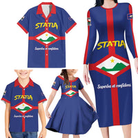 Personalised Statia Family Matching Long Sleeve Bodycon Dress and Hawaiian Shirt Sint Eustatius Coat Of Arms