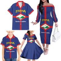 Personalised Statia Family Matching Off The Shoulder Long Sleeve Dress and Hawaiian Shirt Sint Eustatius Coat Of Arms
