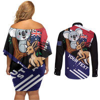 Personalised Australia Kangaroo Koala Together Couples Matching Off Shoulder Short Dress and Long Sleeve Button Shirt Special Edition